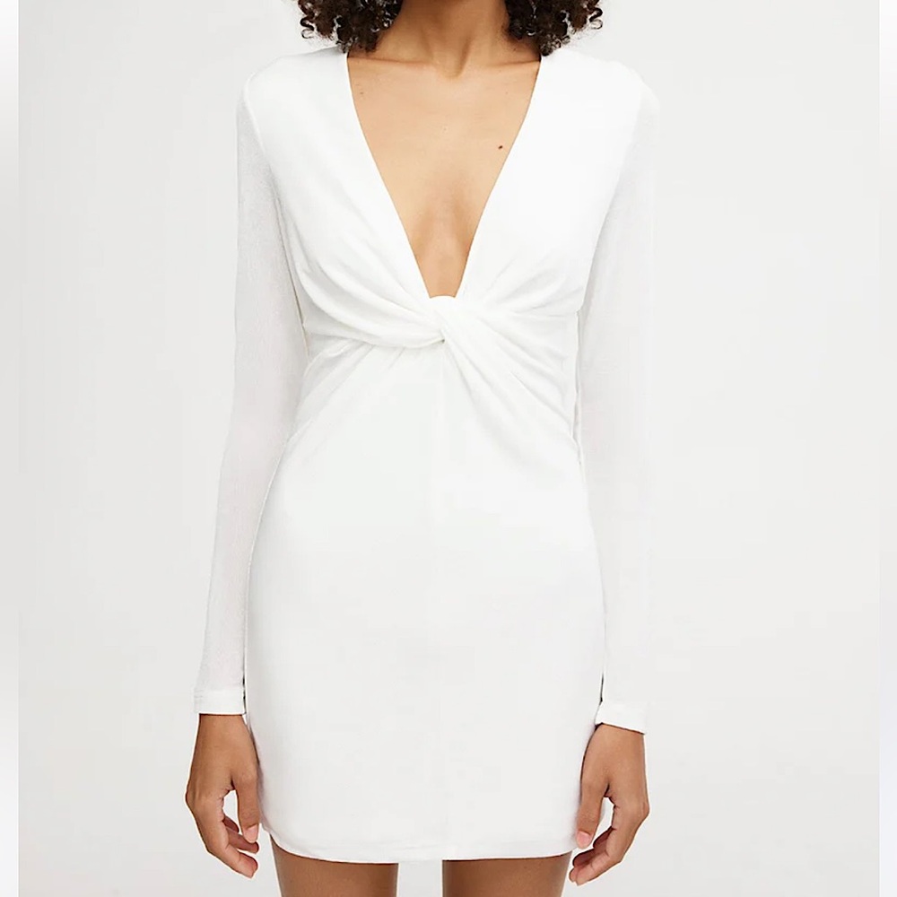 Celine White Long Sleeve Keyhole Twist Front Viscose Dress